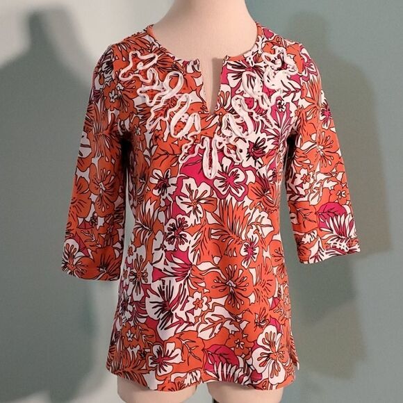 Palm‎ Island top, size small. Orange floral print. - Picture 1 of 7